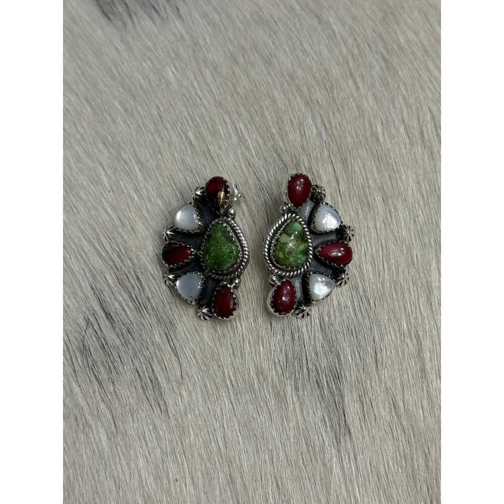 Sterling Silver Sonoran Gold Turquoise Red Dahlia Mother Pearl Cluster Earrings - Picture 11 of 13